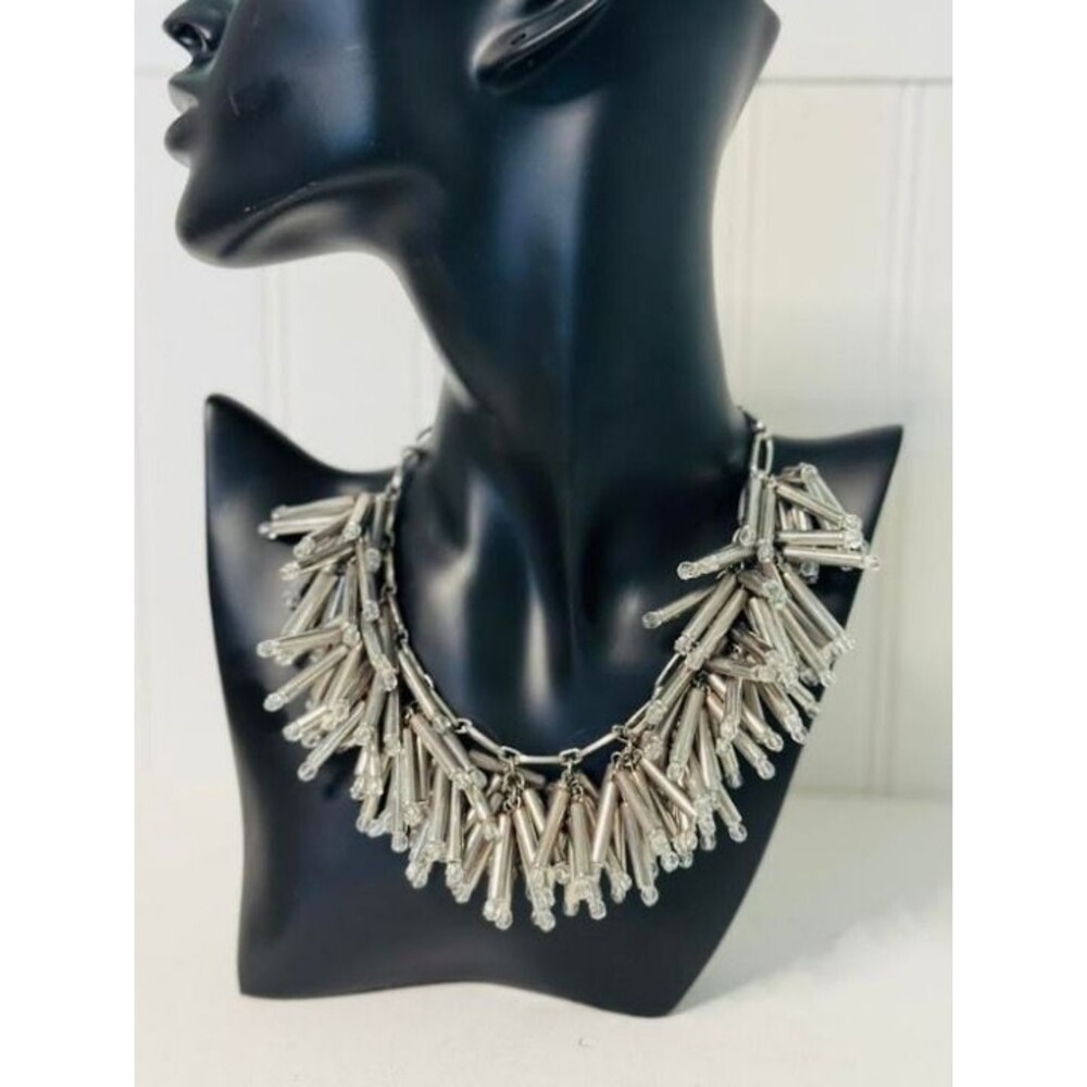 Vintage Natasha Beaded Silver & Clear / beads Matchstick Necklace 20" inne